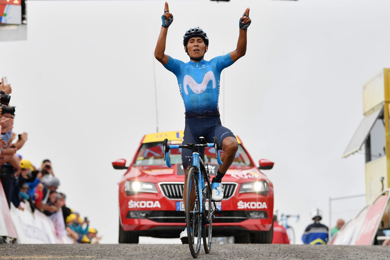 Colombian cyclist Nairo Quintana celebrates after winning the 17th stage on July 25.