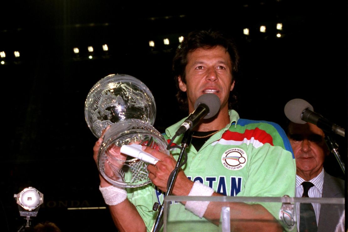 Imran Khan with the cricket World Cup after Pakistan's 1992 win.