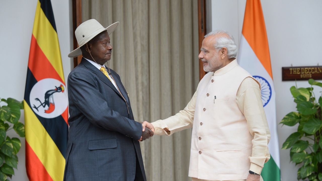 Uganda's President Yoweri Kaguta Museveni with India's Prime Minister Narendra Modi during their meeting at the India-Africa Forum Summit in New Delhi on October 28, 2015. 