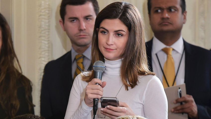 The Daily Caller White House correspondent Kaitlan Collins (3rd R) asks a question during a press conference by US President Donald Trump and Canada's Prime Minister Justin Trudeau in the East Room of the White House on February 13, 2017 in Washington, DC. / AFP / MANDEL NGAN (Photo credit should read MANDEL NGAN/AFP/Getty Images)