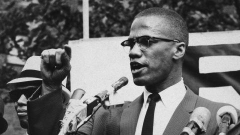 Malcolm X speaks at an outdoor rally, circa 1963.