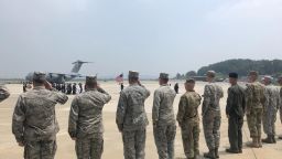 Troops serving under the UN Command in South Korea form an honor guard to receive possible remains of soldiers killed in the Korean War. July 27, 2018