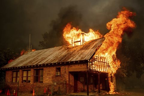 A historic schoolhouse burns in Shasta on July 26.