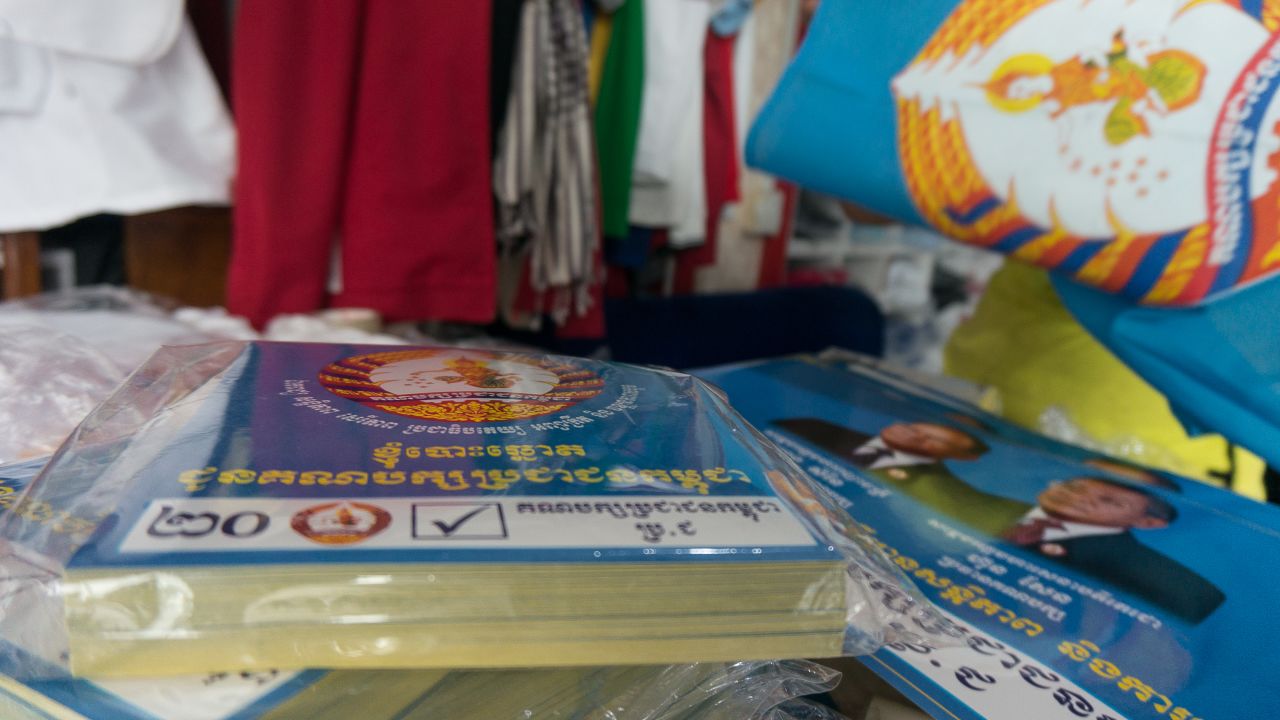 Cambodian People's Party stickers, flags and promotional materials on sale in the capital Phnom Penh.