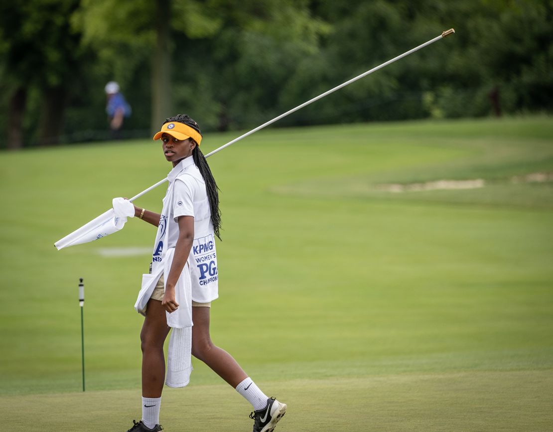 Atim Bedell caddies at the KPMG Women's PGA Championship, which is the LPGA's second-oldest tournament. 