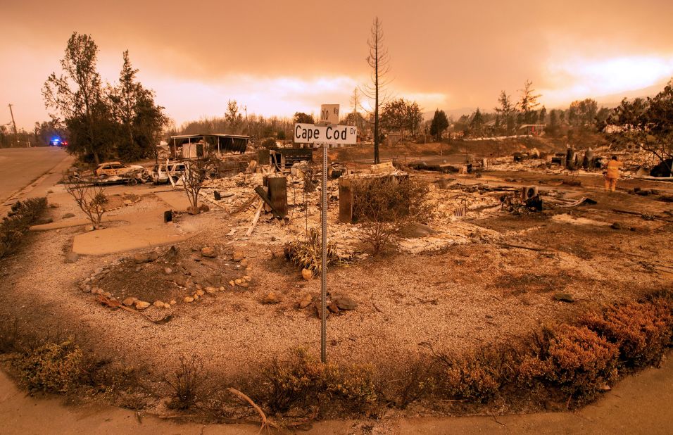 Burned-out properties are seen in Redding on July 27.