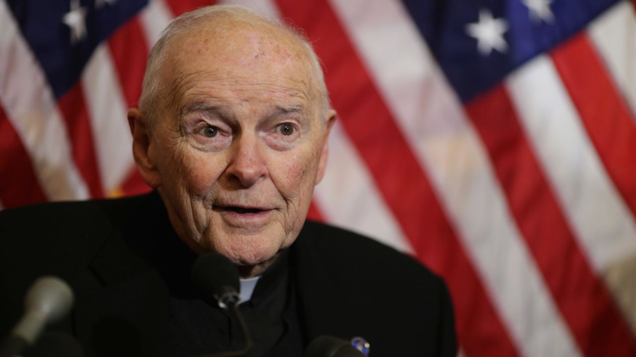 Theodore McCarrick speaks during a 2015 news conference with senators and religious le