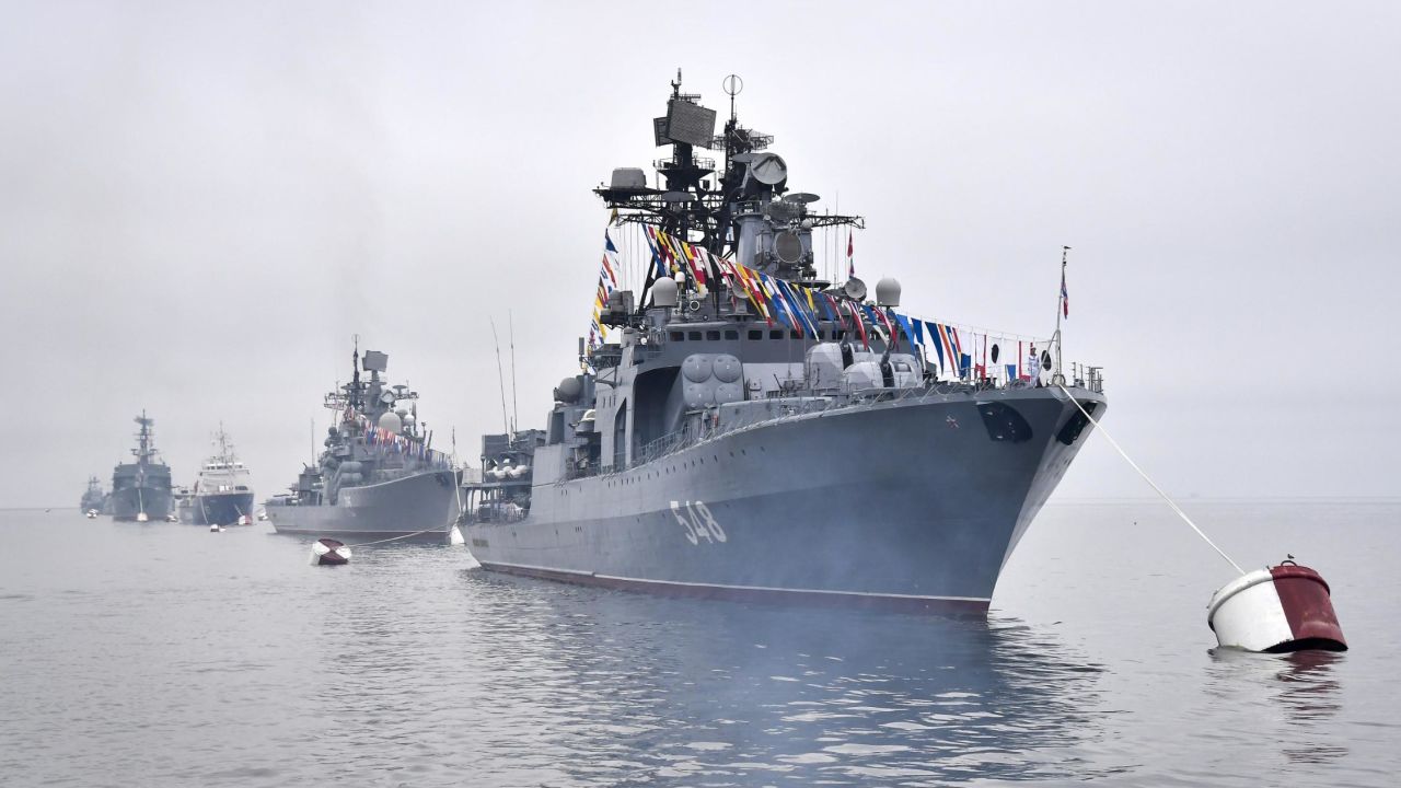 The Admiral Panteleyev Destroyer takes part in a parade marking Russian Navy Day. 