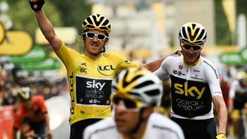 Tour de France winner Geraint Thomas wearing the overall leader's yellow jersey and third-placed Chris Froome, the 2017 champion cross the finish line of 21st and last stage of the 105th edition of the Tour de France.