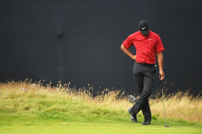 Tiger Woods of the United States looks on from the side of the 4th hole green during the final round of the Open Championship at Carnoustie Golf Club on Sunday, July 22, in Scotland. 