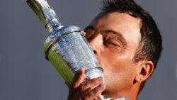 Francesco Molinari of Italy kisses the Claret Jug as Champion Golfer after winning the 147th Open Championship at Carnoustie Golf Club on July 22, 2018 in Carnoustie, Scotland. Ross Kinnaird/R&A/Getty Images