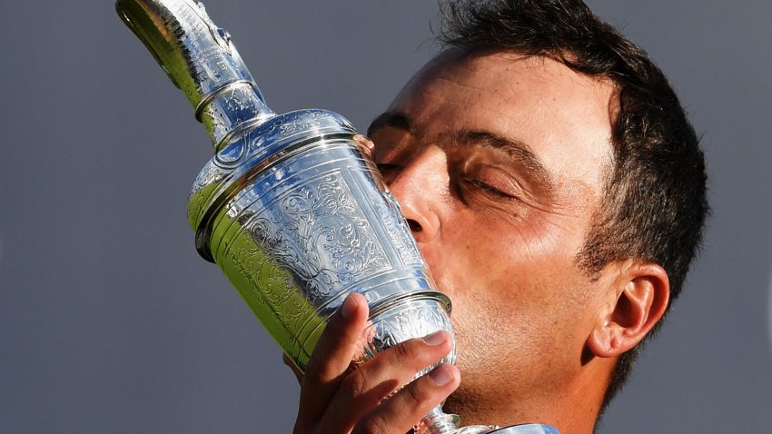 Francesco Molinari of Italy kisses the Claret Jug as Champion Golfer after winning the 147th Open Championship at Carnoustie Golf Club on July 22, 2018 in Carnoustie, Scotland. Ross Kinnaird/R&A/Getty Images