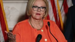 Sen. Claire McCaskill (D-MO) speaks on a proposed protection plan for people with pre-existing health conditions, during a news conference on Capitol Hill July 19, 2018 in Washington, DC.