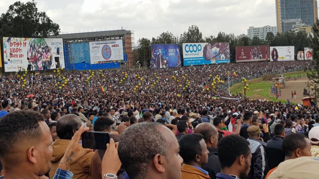 The scene at Meskel Square in Addis Ababa during a state funeral for  Semegnew Bekele.