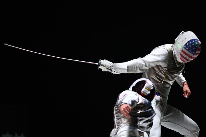 Timur Safin of Russia competes with Alexander Massialas of the United States during the men's foil team competition at the 2018 World Fencing Championships in Wuxi in China's eastern Jiangsu province on Friday, July 27. 