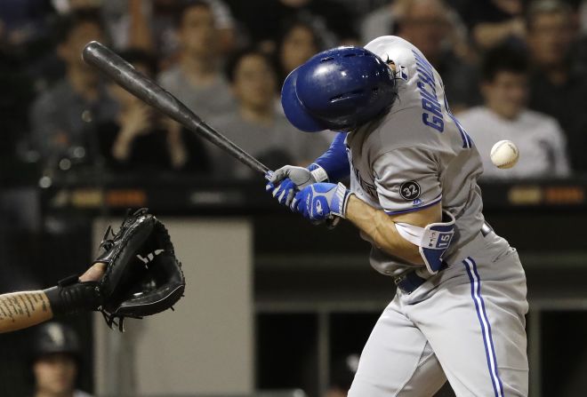 Toronto Blue Jays' Randal Grichuk is hit by a pitch during the fifth inning of a baseball game against the Chicago White Sox on Friday, July 27, in Chicago.
