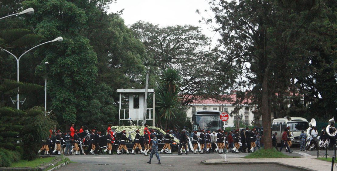 Simegnew Bekele's funeral procession passes the Ministry of Foreign Affairs in Addis Ababa.