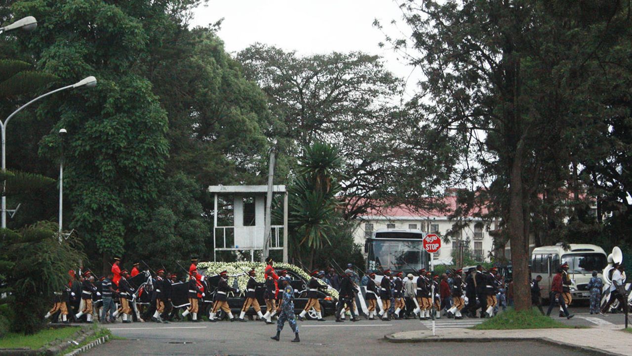 Simegnew Bekele's funeral procession passes the Ministry of Foreign Affairs in Addis Ababa.