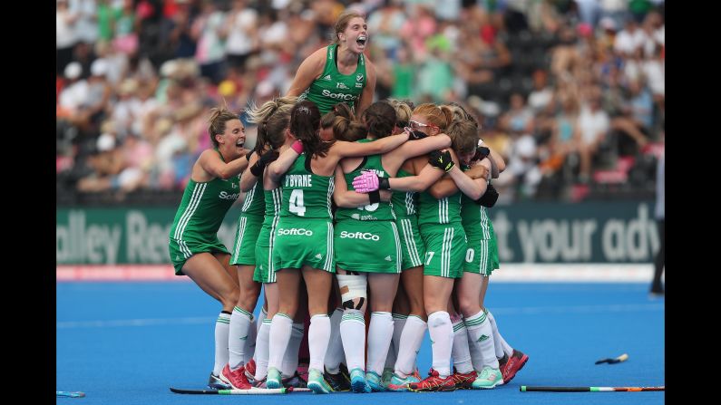 Captain Kathryn Mullan of Ireland celebrates victory with her teammates during the Pool B game between India and Ireland at the FIH Womens Hockey World Cup at Lee Valley Hockey and Tennis Centre on Thursday, July 26, in London. 