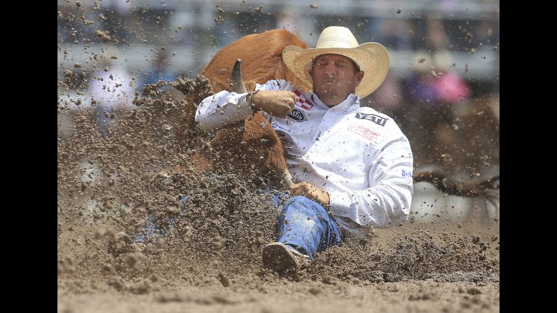 Trevor Knowles of Mount Vernon, Oregon, competes in the steer wrestling event during the sixth performance of the 122nd annual Cheyenne Frontier Days Rodeo on Thursday, July 26, in Wyoming. 