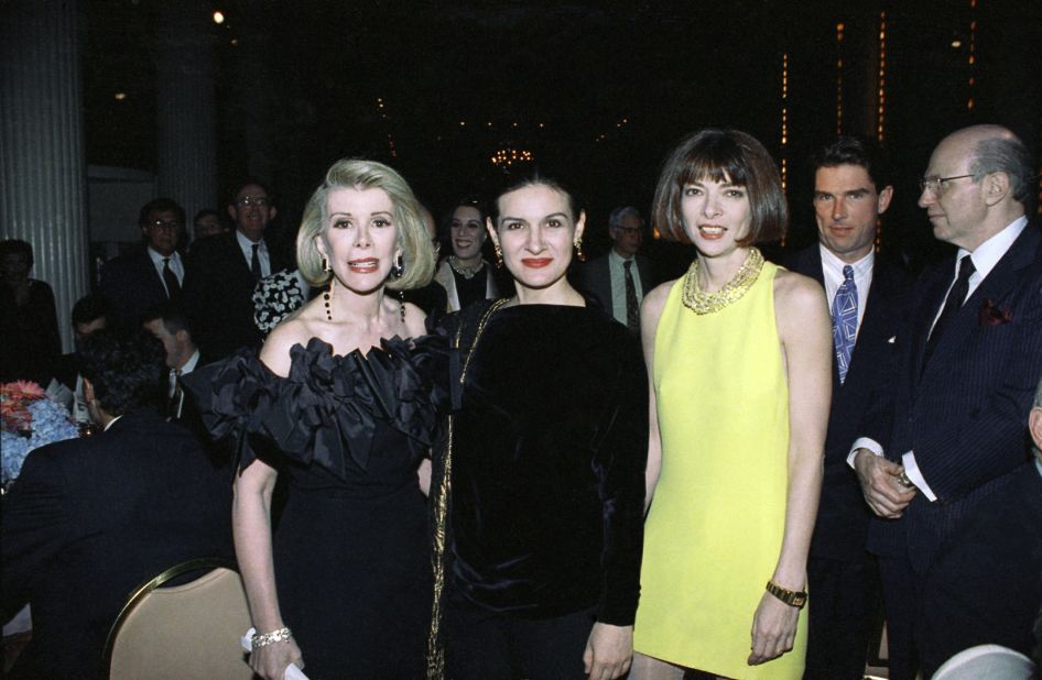 The late Joan Rivers (left), designer Paloma Picasso (center), and Wintour attend a benefit dinner for the American Suicide Foundation at the Waldorf Astoria in New York in May 1991. 