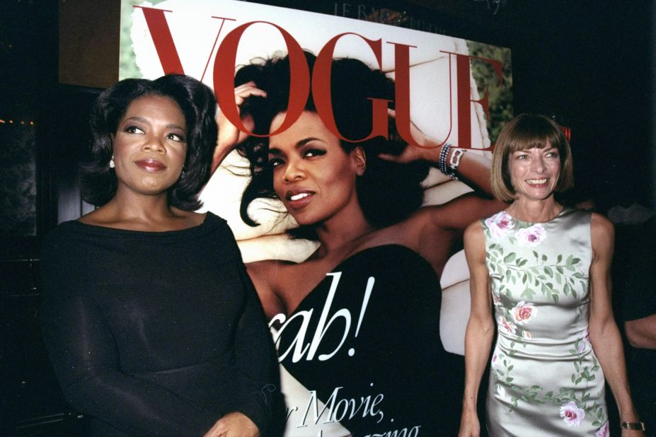 Oprah Winfrey and Wintour stand in front of the newly unveiled October issue of American Vogue (starring Winfrey) in 1998 during a party at Balthazar. 