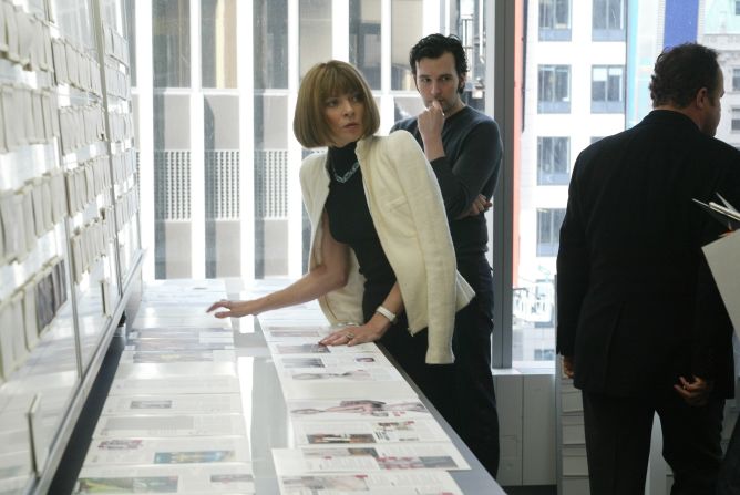 Anna Wintour reviews page layouts at Vogue's offices in Manhattan in February 2003.