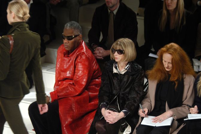 Andre Leon Talley, Anna Wintour and Grace Coddington seated at the Ralph Lauren Autumn-Winter 2006 show in New York. 