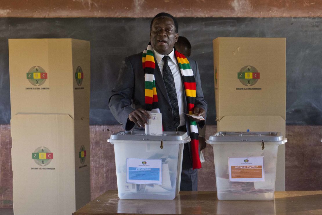 Zimbabwean President Emmerson Mnangagwa casts his vote on Monday.
