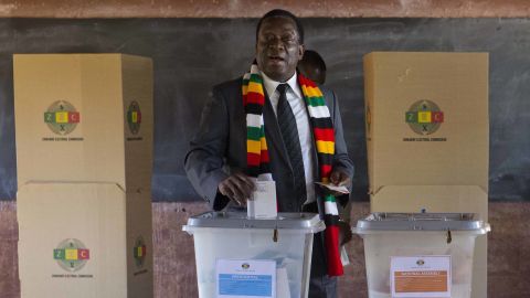 Zimbabwean President Emmerson Mnangagwa casts his vote on Monday.