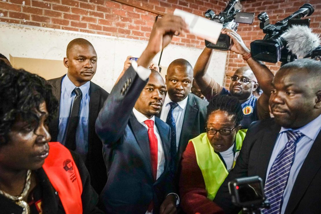Zimbabwean opposition leader Nelson Chamisa casts his vote on Monday.