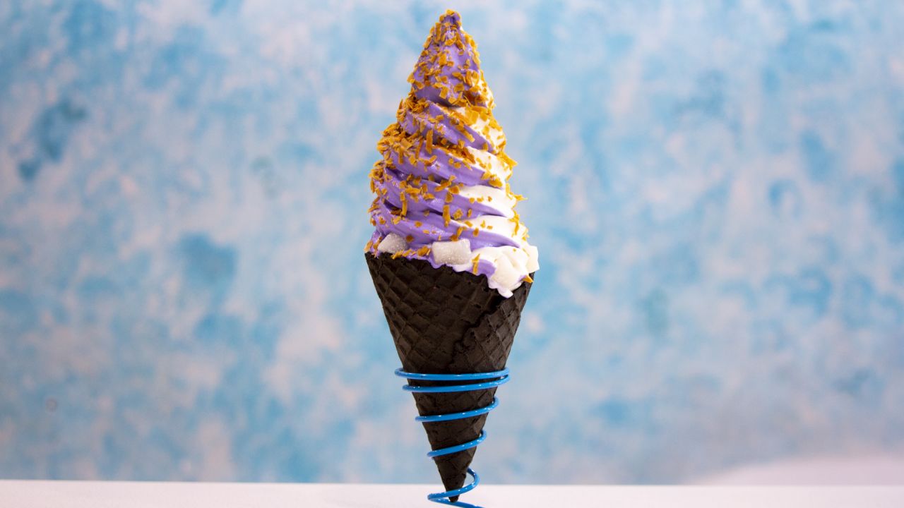 The Woodside is a special from Soft Swerve that has ube purple yam ice cream and is topped with toasted coconut and mochi.