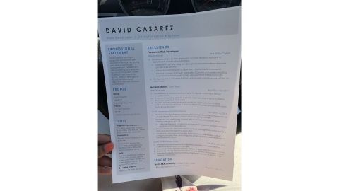 David Casarez's resume. CNN has intentionally obscured part of this photo to protect his personal information. 
