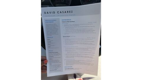 David Casarez's resume. CNN has intentionally obscured part of this photo to protect his personal information.