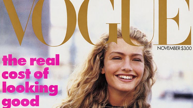 November 1988: Michaela Bercu photographed by Peter Lindbergh<br />Wintour's first cover is considered the most groundbreaking. Staring model Michaela Bercu, it featured a couture Christian Lacroix jacket with a beaded cross, paired with stonewashed Guess jeans. The mix, styled by Carlyne Cerf de Dudzeele, had never been seen on a Vogue cover, and the magazine's printers wondered if it was a mistake.