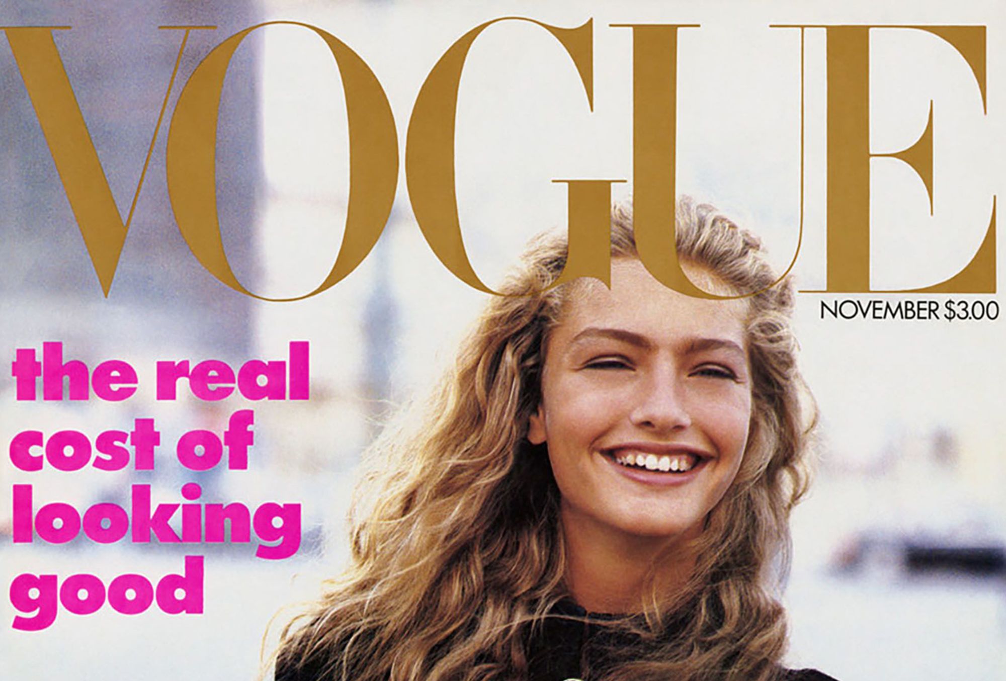 Anna Wintour's first American Vogue cover, for the November 1988 issue, starred model Michaela Bercu in a bejeweled jacket and jeans.
