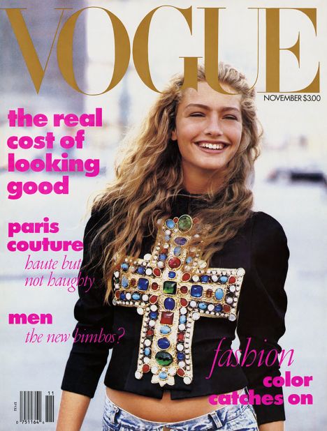 November 1988: Michaela Bercu photographed by Peter Lindbergh <br /><br />Wintour's first cover is considered the most groundbreaking. Staring model Michaela Bercu, it featured a couture Christian Lacroix jacket with a beaded cross, paired with stonewashed Guess jeans. The mix, styled by Carlyne Cerf de Dudzeele, had never been seen on a Vogue cover, and the magazine's printers wondered if it was a mistake.