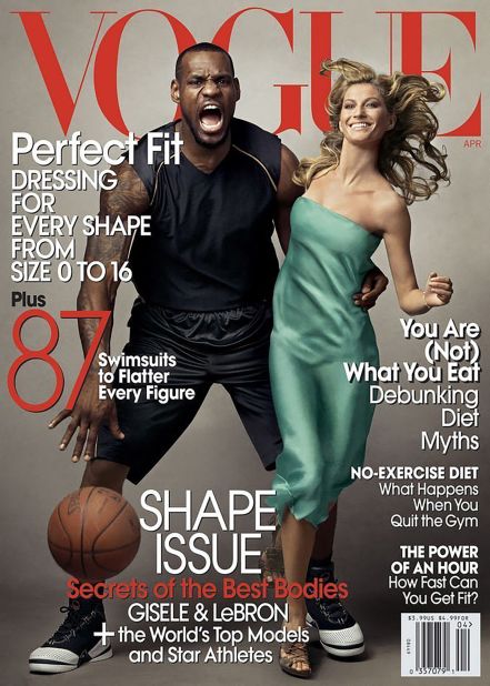 April 2008: Gisele Bündchen and LeBron James photographed by Annie Leibovitz <br /><br />Wintour's tenure has not been without criticism. On this cover, LeBron James is holding Brazilian supermodel Gisele Bündchen in a way that many found offensive because it resembled an old "King Kong" poster. 