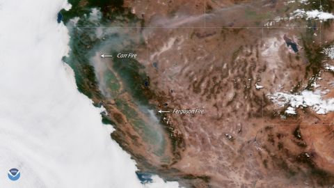 Smoke from the Carr and Ferguson fires can be seen in satellite images. 