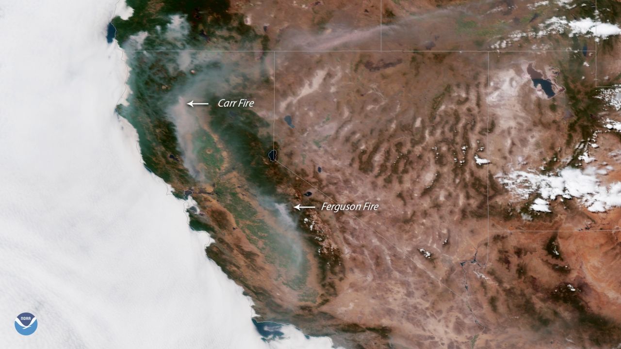 Smoke from the Carr and Ferguson fires can be seen in satellite images.