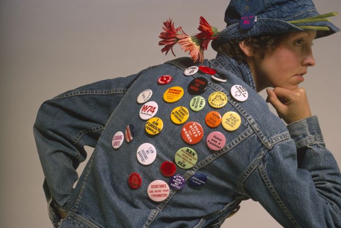 A model's jean jacket decorated with feminist buttons for a shoot in 1964. 