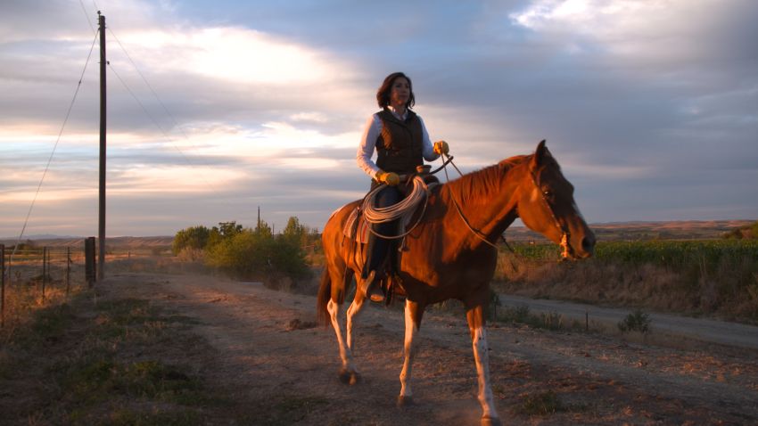 Paulette Jordan, running to be Idaho's governor, rides a horse called Annie at her aunt's ranch.