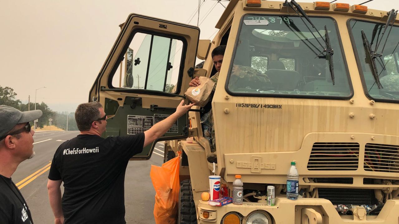 On Tuesday, the World Central Kitchen team handed out lunches and fruit, to some of the emergency crews in Redding, California.