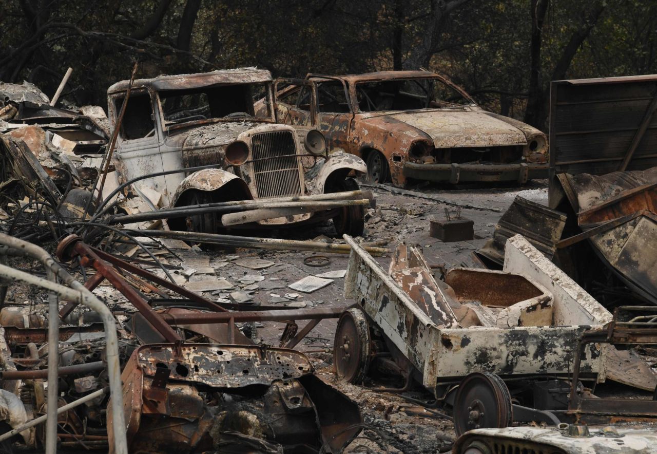 The Carr Fire leaves cars destroyed near Redding on July 31.