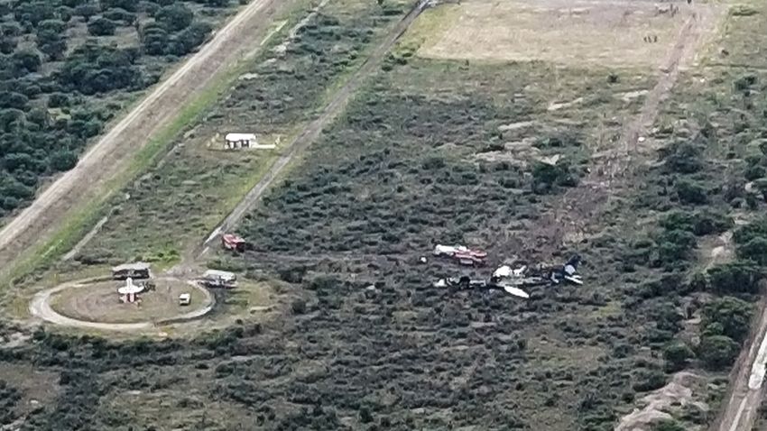 Picture showing the wreckage of a plane that crashed with 97 passengers and four crew on board on take off at the airport of Durango, in northern Mexico, on July 31, 2018. - Dozens of people were injured as an airliner crashed on takeoff during a heavy hail storm in northern Mexico, engulfing the plane in flames, Aeromexico airline and passengers said Tuesday. (Photo by Kevin ALCANTAR / KEVIN ALCANTAR DRONES DURANGO / AFP)        (Photo credit should read KEVIN ALCANTAR/AFP/Getty Images)