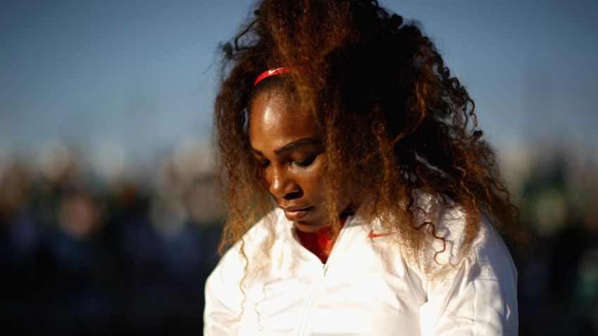 SAN JOSE, CA - JULY 31: Serena Williams of the United States serves gets ready by her chair before her match against Johanna Konta of Great Britain during Day 2 of the Mubadala Silicon Valley Classic at Spartan Tennis Complex on July 31, 2018 in San Jose, California. (Photo by Ezra Shaw/Getty Images)