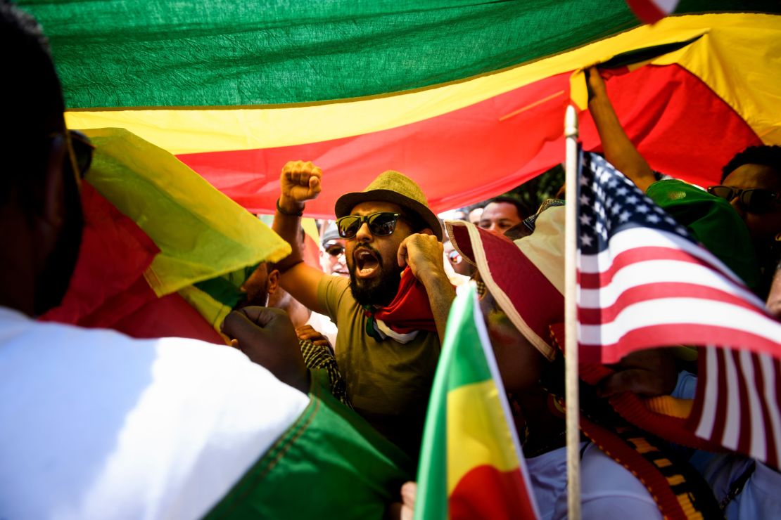 Supporters of Ethiopia's Prime Minister Abiy Ahmed rally for US support outside the State Department on June 26.