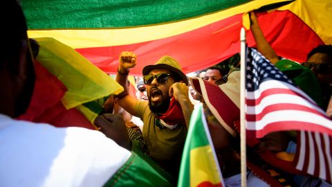 Supporters of Ethiopia's Prime Minister Abiy Ahmed rally for US support outside the State Department on June 26.