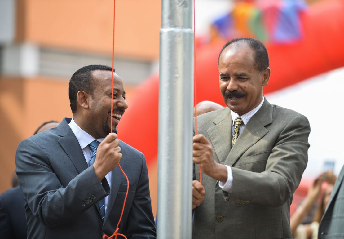 Abiy, left, and Eritrean leader Isaias Afwerki celebrate the Eritrean Embassy's reopening in Addis Ababa.