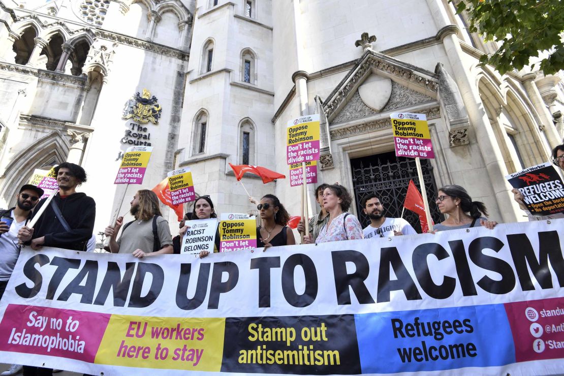 Demonstrators against Tommy Robinson protest outside the Royal Courts of Justice on Wednesday.